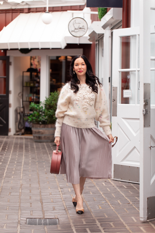 Shopping, Brentwood Country Mart, Loveshackfancy sweater, Zara Pleated Skirt, Fashion Blogger