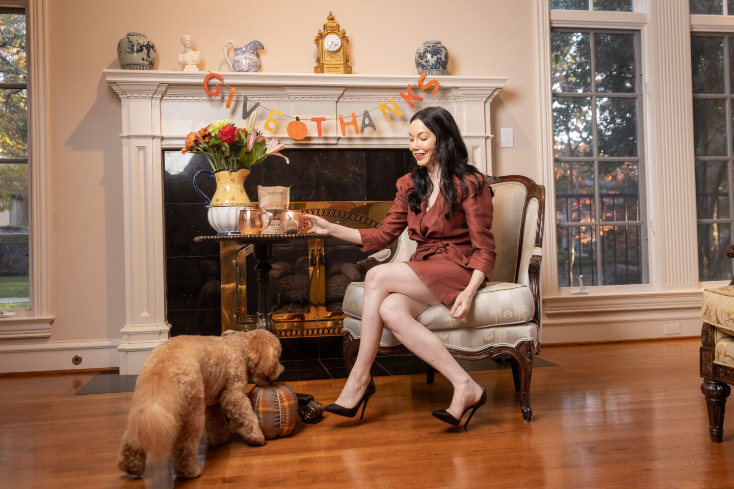 Thanksgiving Decor, Mini Goldendoodle puppy, Sandro wrap dress with black pumps, Holiday Moscow Mule, Home Iterior