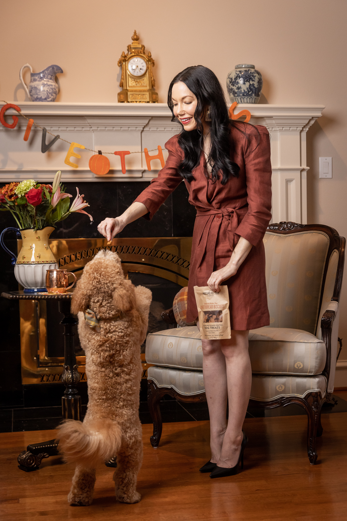 Thanksgiving Decor, Mini Goldendoodle puppy, Sandro wrap dress with black pumps, Portland Pet Food Company