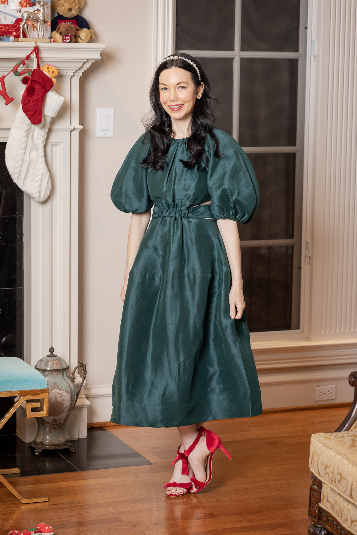 AJE Mimosa Dress styled for the Holidays by top Dallas life and style blogger, Pretty Little Shoppers.