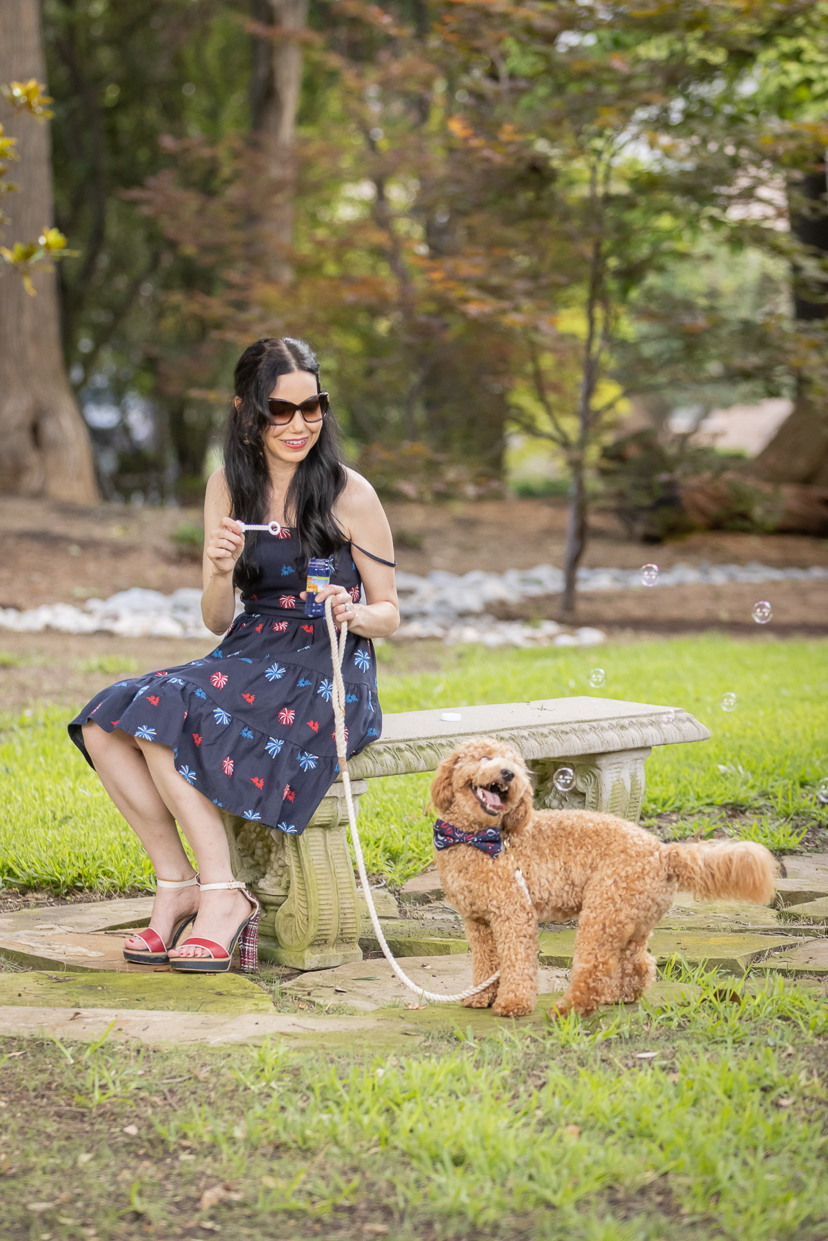 Kiel James Patrick American Celebration Dress, Mini Golden Doodle Puppy, 4th of July Outfit, Blowing Bubbles, Park Bench