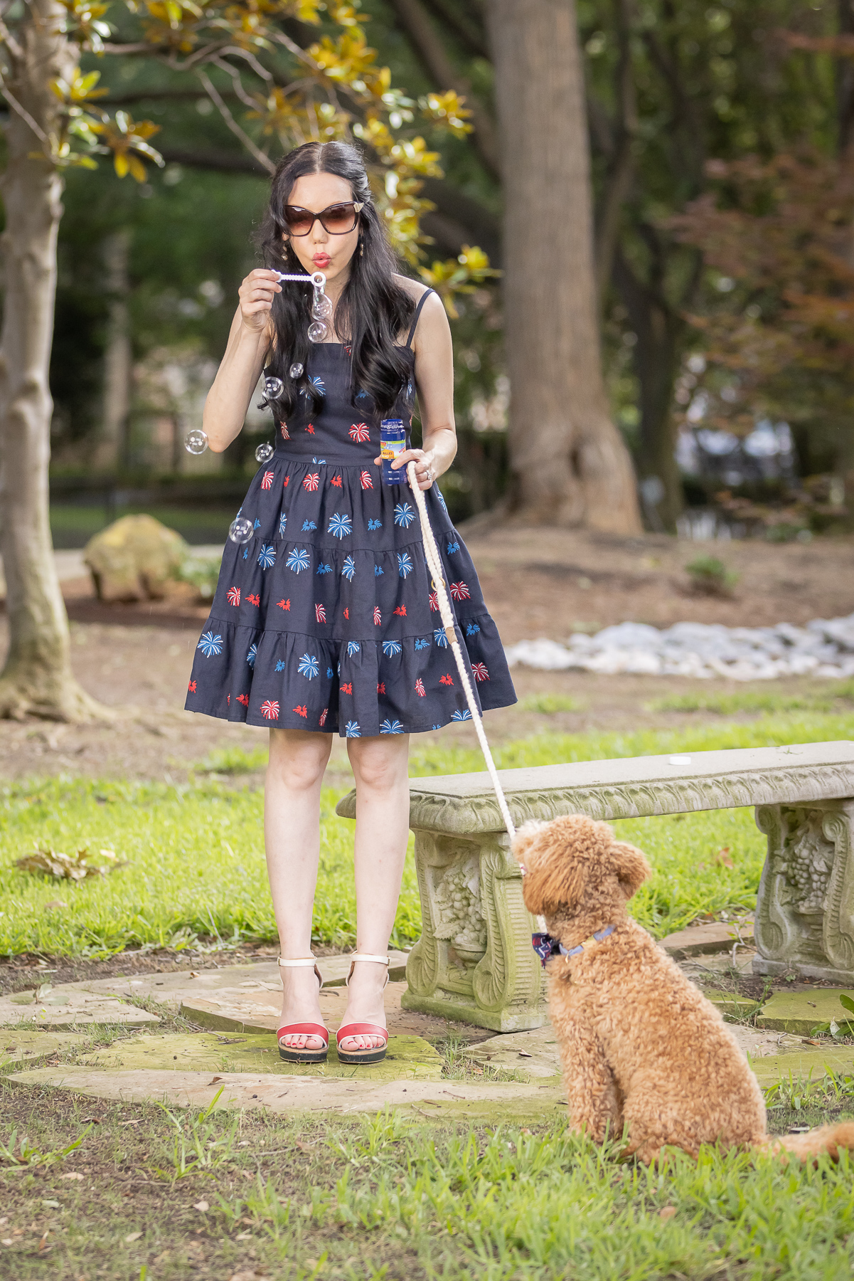 Kiel James Patrick American Celebration Dress, Mini Golden Doodle Puppy, 4th of July Outfit, Blowing Bubbles, Park Bench