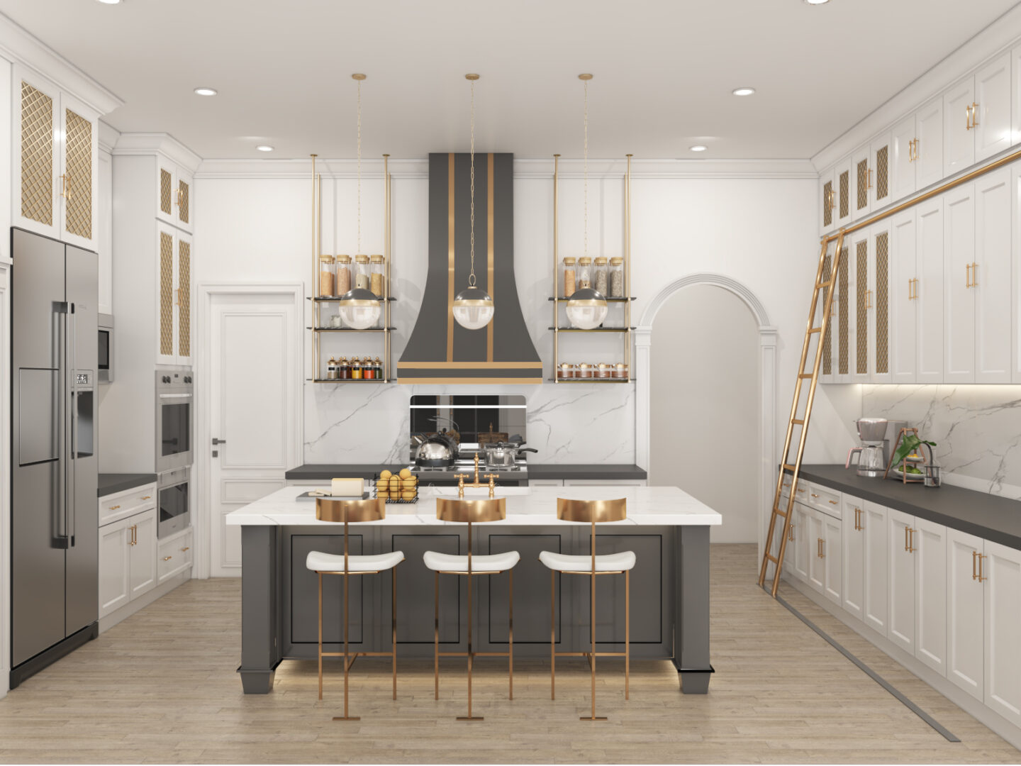 Hollywood Regency Kitchen Renderings, Home Interior, Interior Design, Kitchen Remodel, Dallas Home Remodel, Custom Black and Brass Range Hood