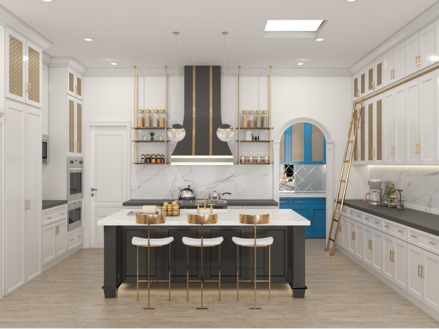 Hollywood Regency Kitchen Renderings, Home Interior, Interior Design, Kitchen Remodel, Dallas Home Remodel, Black, White and Brass Kitchen Ideas