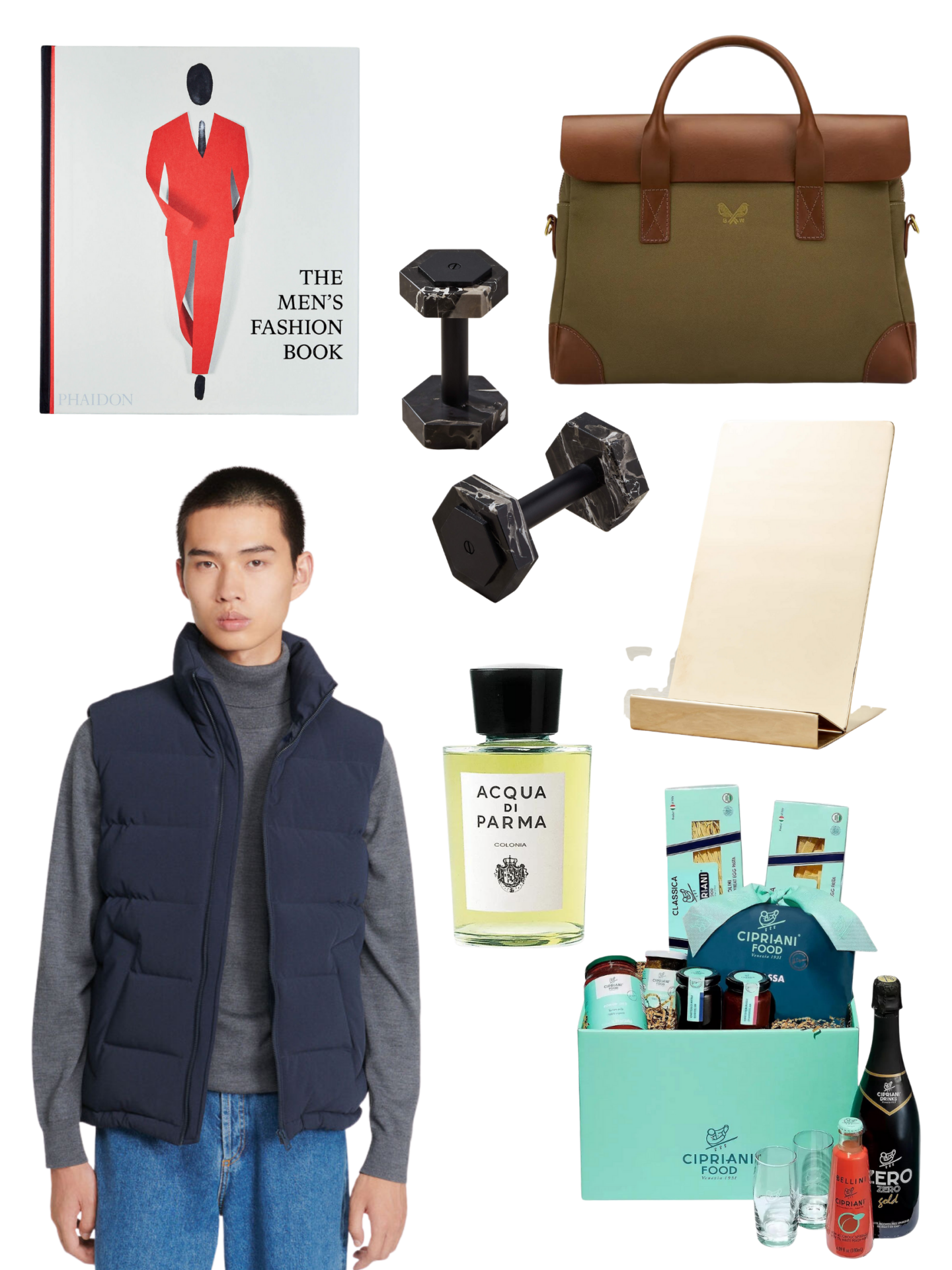  Sandro puffer vest and turtleneck, CB2 Marble Dumbell set and Brass Book Stand, Cipriani Artisanal Food Basket, Aqua Di Parma Cologne, The Men's Fashion Book and Todd Snyder Laptop Bag