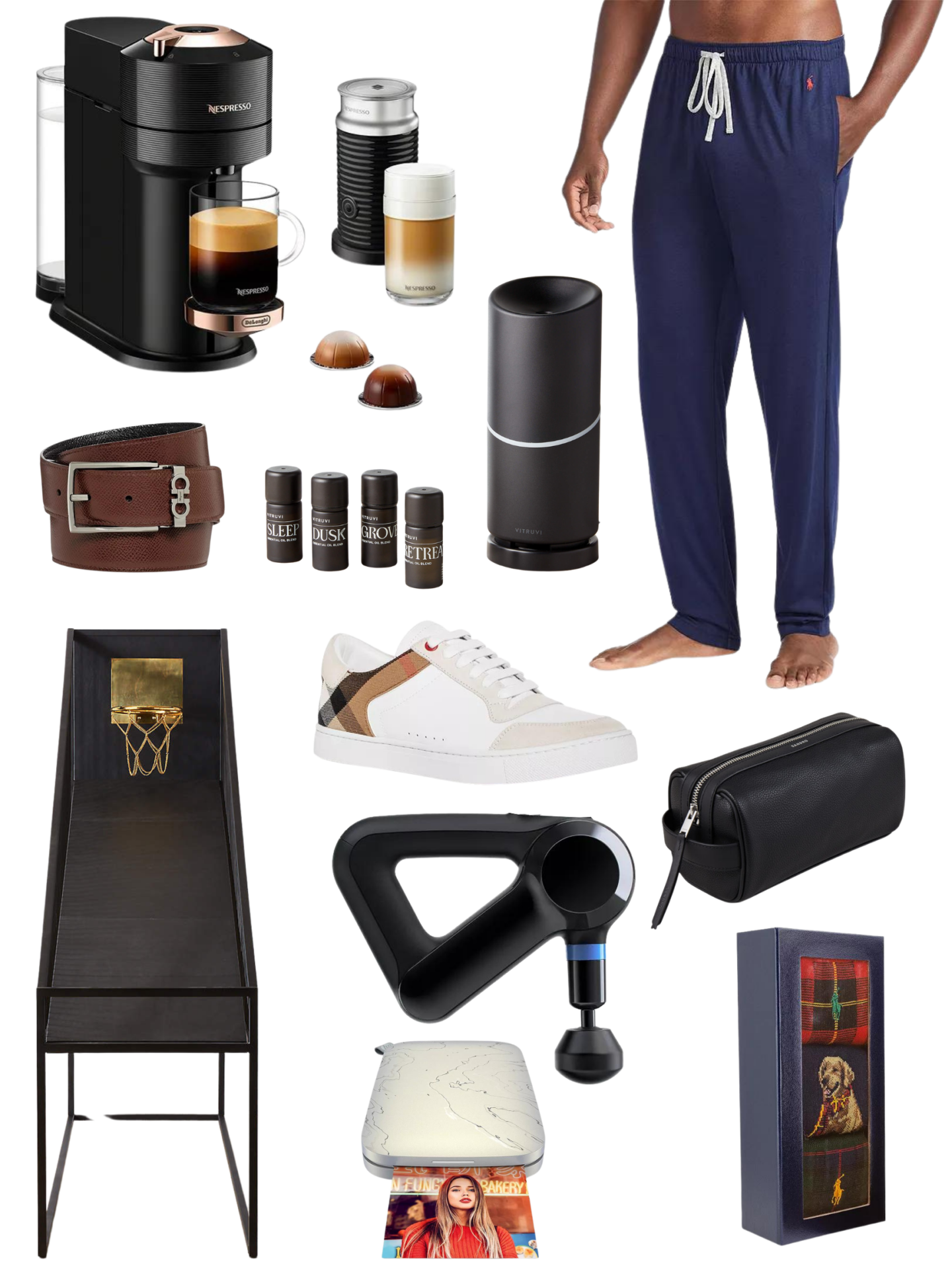 Nespresso Coffee Maker, CB2 Diffuser Set, Ralph Lauren Sleep Joggers and Dog Sock Set, Burberry Trainers, Theragun, Sandro Toiletry Bag, Salvatore Ferragamo Belt and Arcade Style Basketball Game