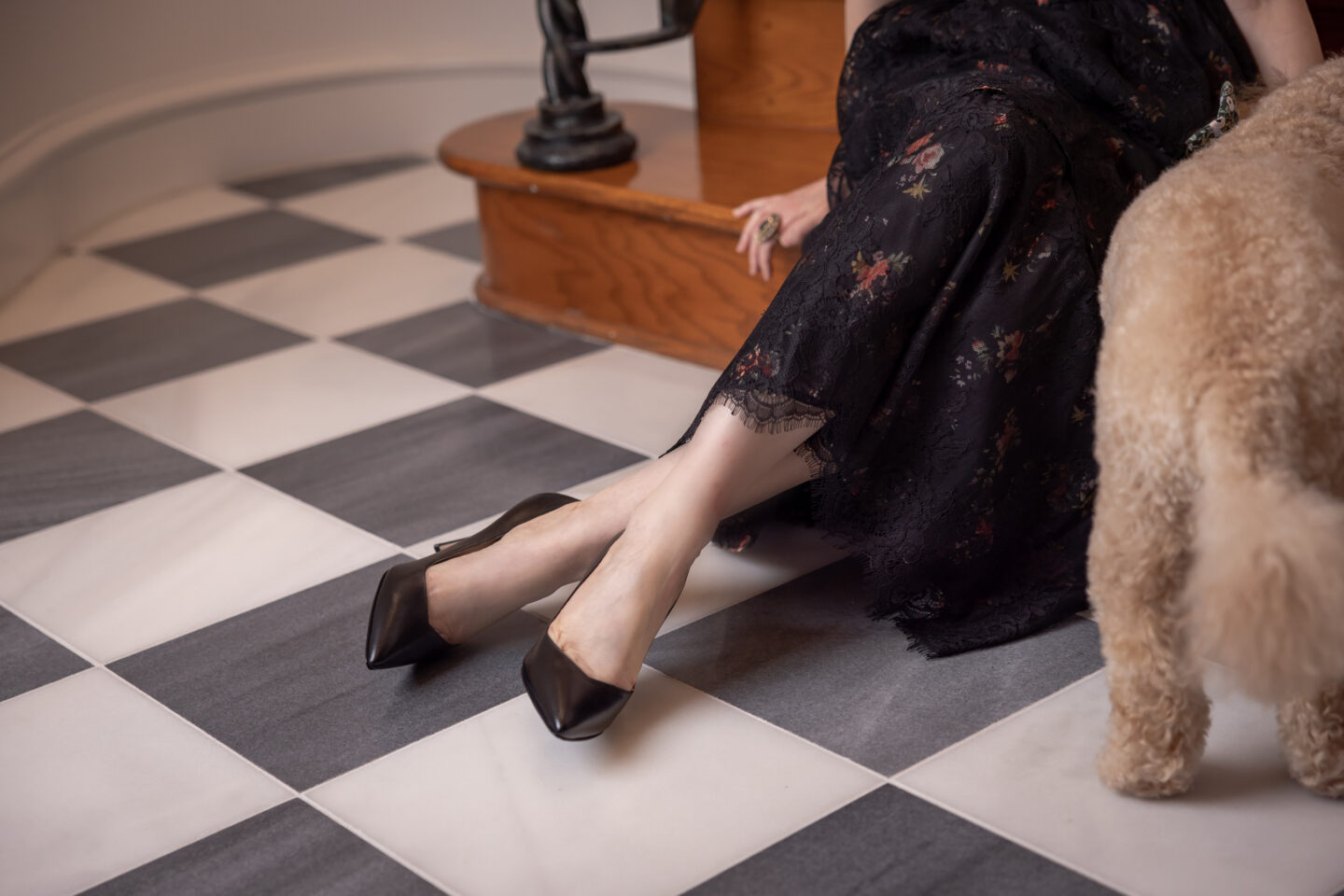 Sarah Flint Perfect Pump 100 in black leather + Paris Ceramics Spanish Grey and White Tiles