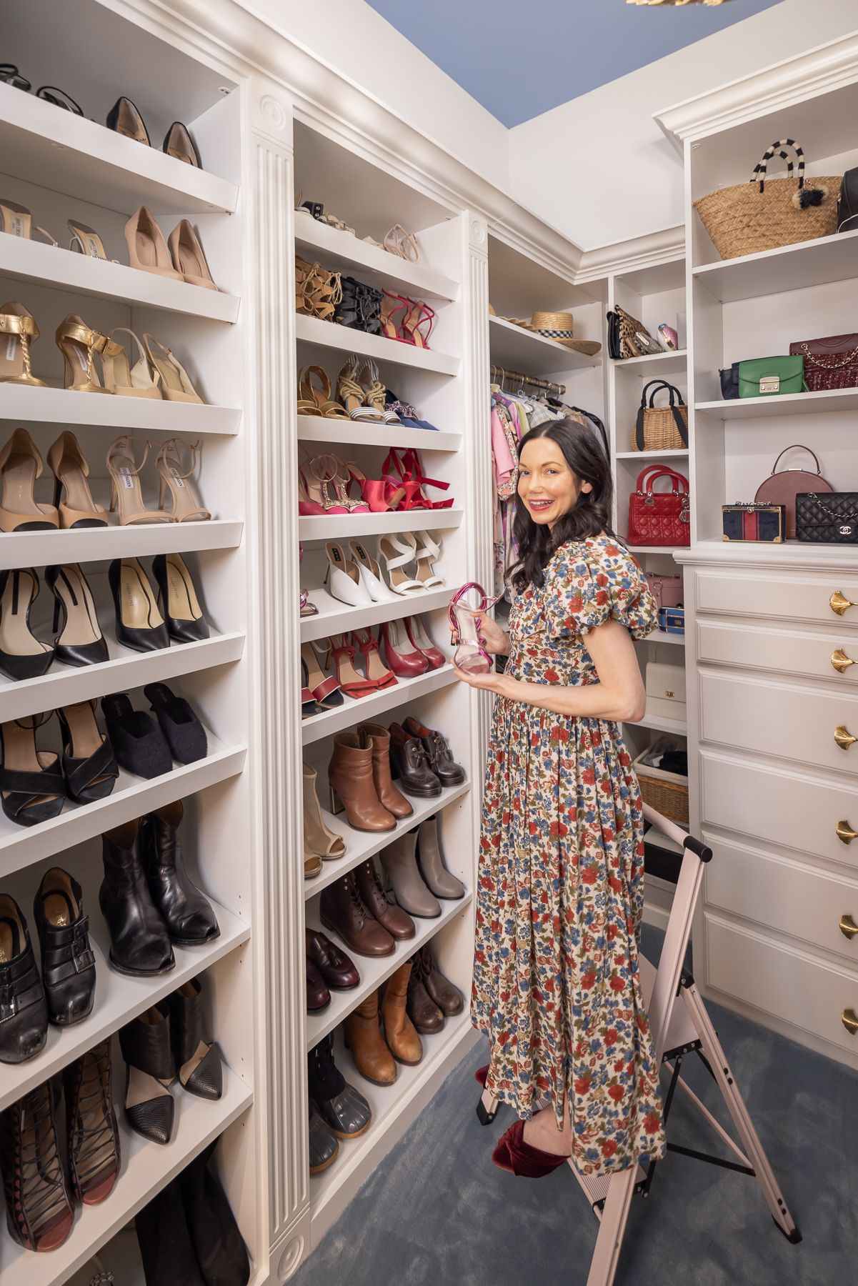 Dallas Fashion and Lifestyle Blogger, Home Interiors, Dream Closet, Hollywood Regency Decor, Closet Reveal, Closet Factory, Lisa Valerie Morgan, Doen Liberty Print Dress, Ann Taylor red suede mules