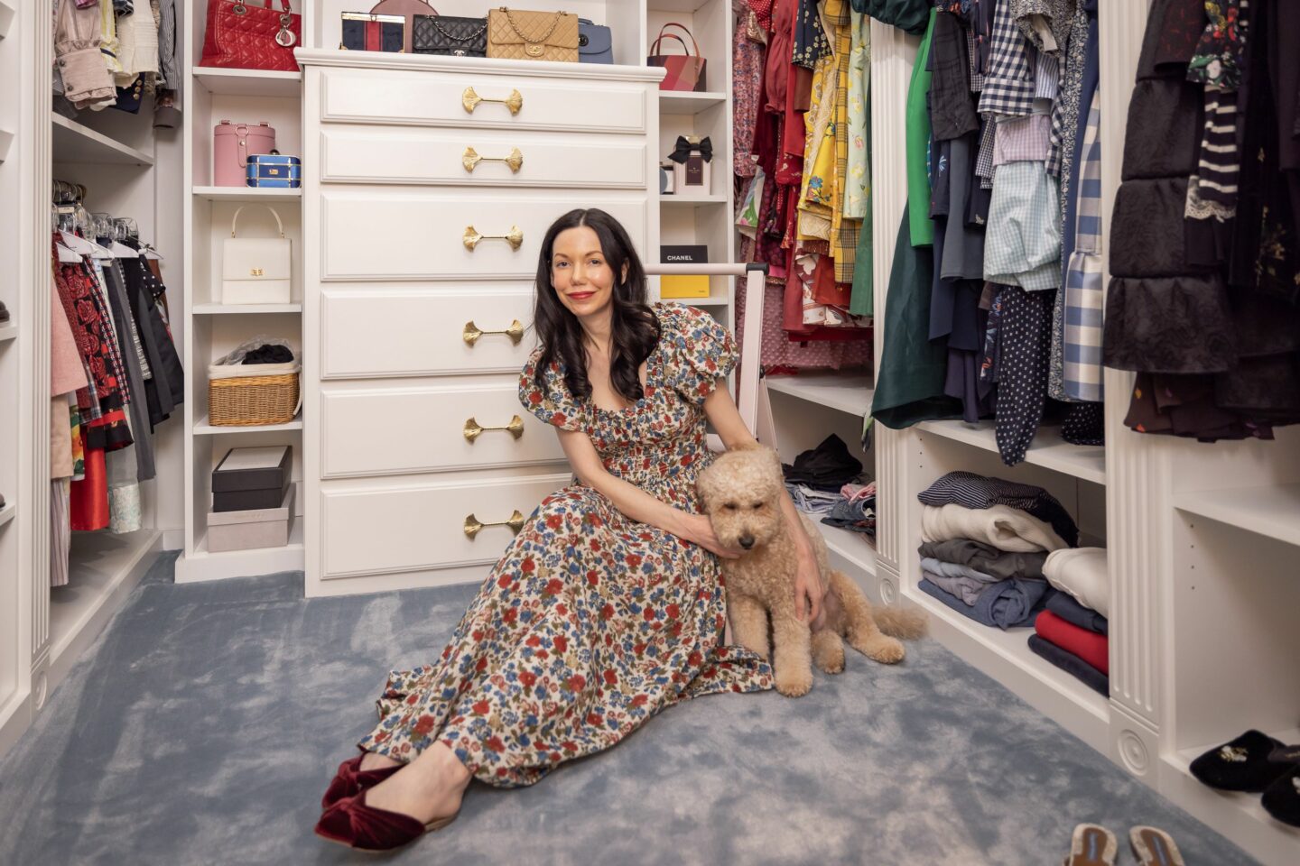 Doen Liberty Print Dress with Ann Taylor Red Suede Mules