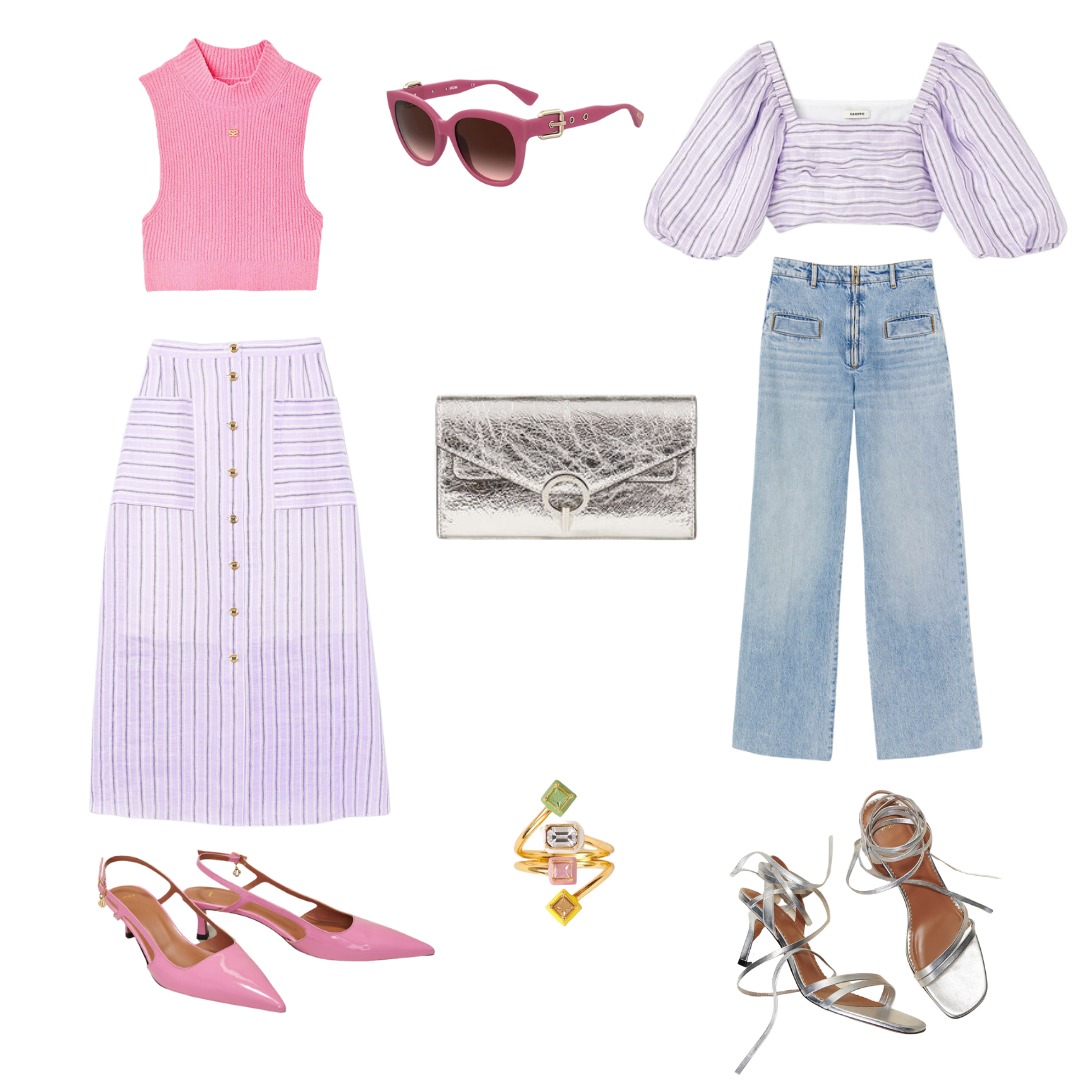 Pink Sandro Sweater and lavender linen skirt, Sandro jeans and crop top, silver clutch bag, Maje Pink Pumps and Silver Sandals