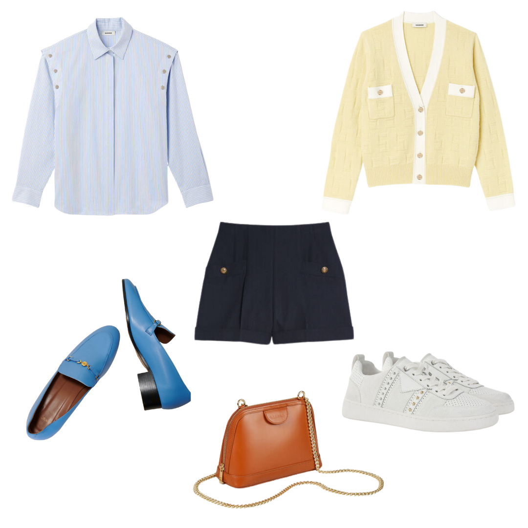 Sandro Paris shorts, blouse and cardigan, Maje blue pastel loafers and white trainers, Sandro brown leather handbag with gold chain