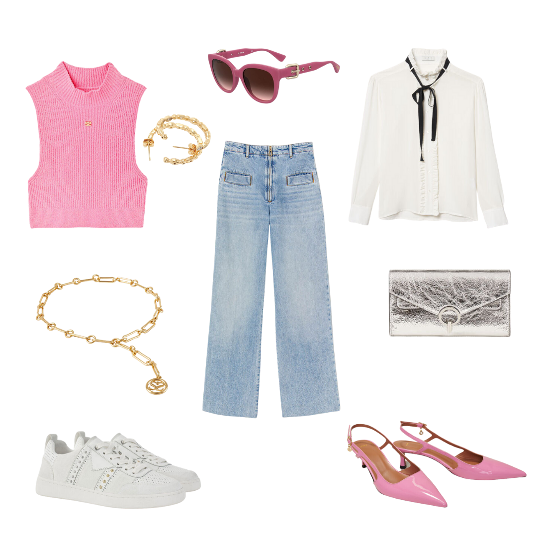 Sandro Pink Sweater and Jeans, Classic White Blouse, Gold Chain Belt, Maje White Sneakers and Pink Pumps, Sandro Silver Clutch