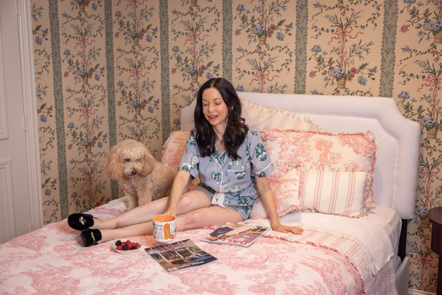 Dallas Lifestyle Blogger, Home Interiors, Guest Bedroom, Traditional Home Decor, Cottage Core, Grandmillennial Style, Floral Wallpaper, LoveShackFancy, Luxury Home, Katie Kime Pajamas, Toile Bedding, Patricia Green Slippers 