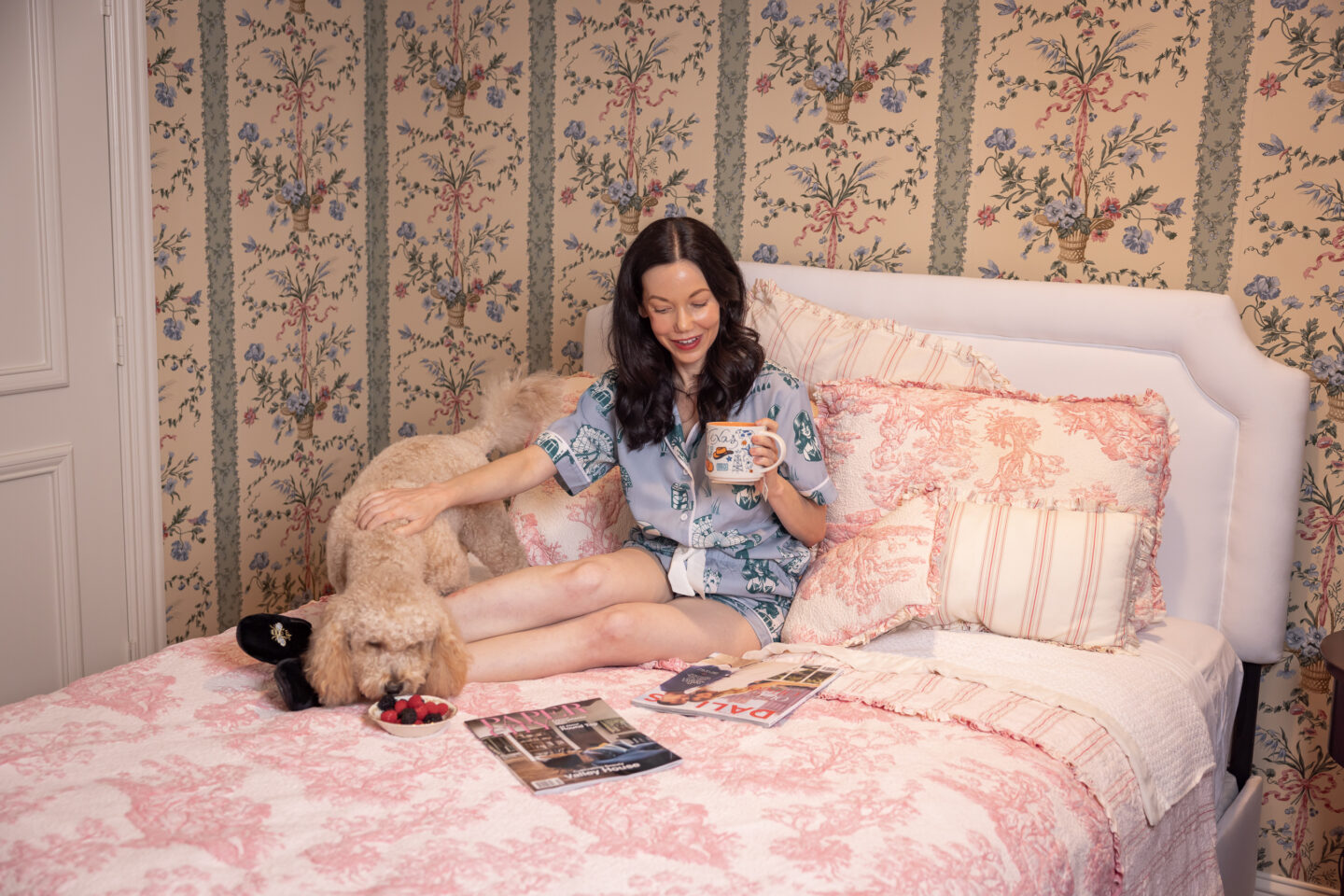 Dallas Lifestyle Blogger, Home Interiors, Guest Bedroom, Traditional Home Decor, Cottage Core, Grandmillennial Style, Floral Wallpaper, LoveShackFancy, Luxury Home, Katie Kime Pajamas, Toile Bedding, Patricia Green Slippers, Mini Goldendoodle Puppy