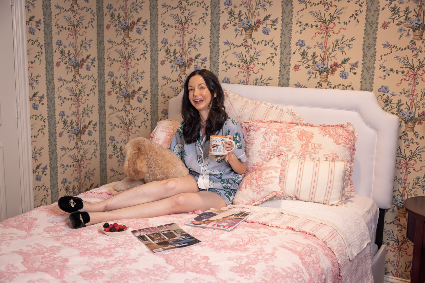 Dallas Lifestyle Blogger, Home Interiors, Guest Bedroom, Traditional Home Decor, Cottage Core, Grandmillennial Style, Floral Wallpaper, LoveShackFancy, Luxury Home, Katie Kime Pajamas, Toile Bedding, Patricia Green Slippers, Mini Goldendoodle Puppy