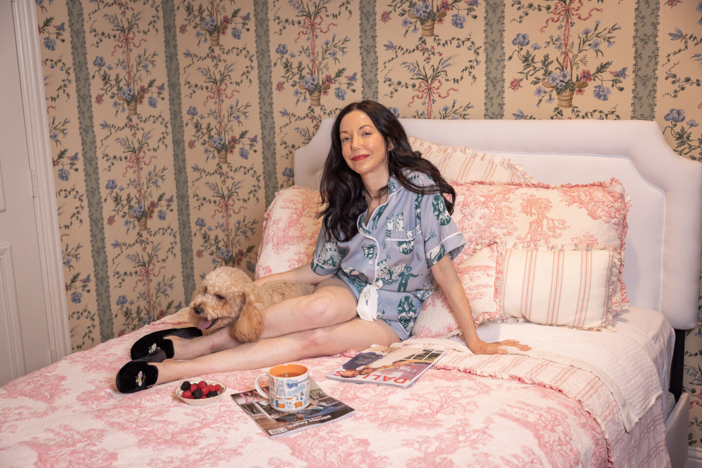 Dallas Lifestyle Blogger, Home Interiors, Guest Bedroom, Traditional Home Decor, Cottage Core, Grandmillennial Style, Floral Wallpaper, LoveShackFancy, Luxury Home, Katie Kime Pajamas, Toile Bedding, Patricia Green Slippers, Mini Goldendoodle Puppy