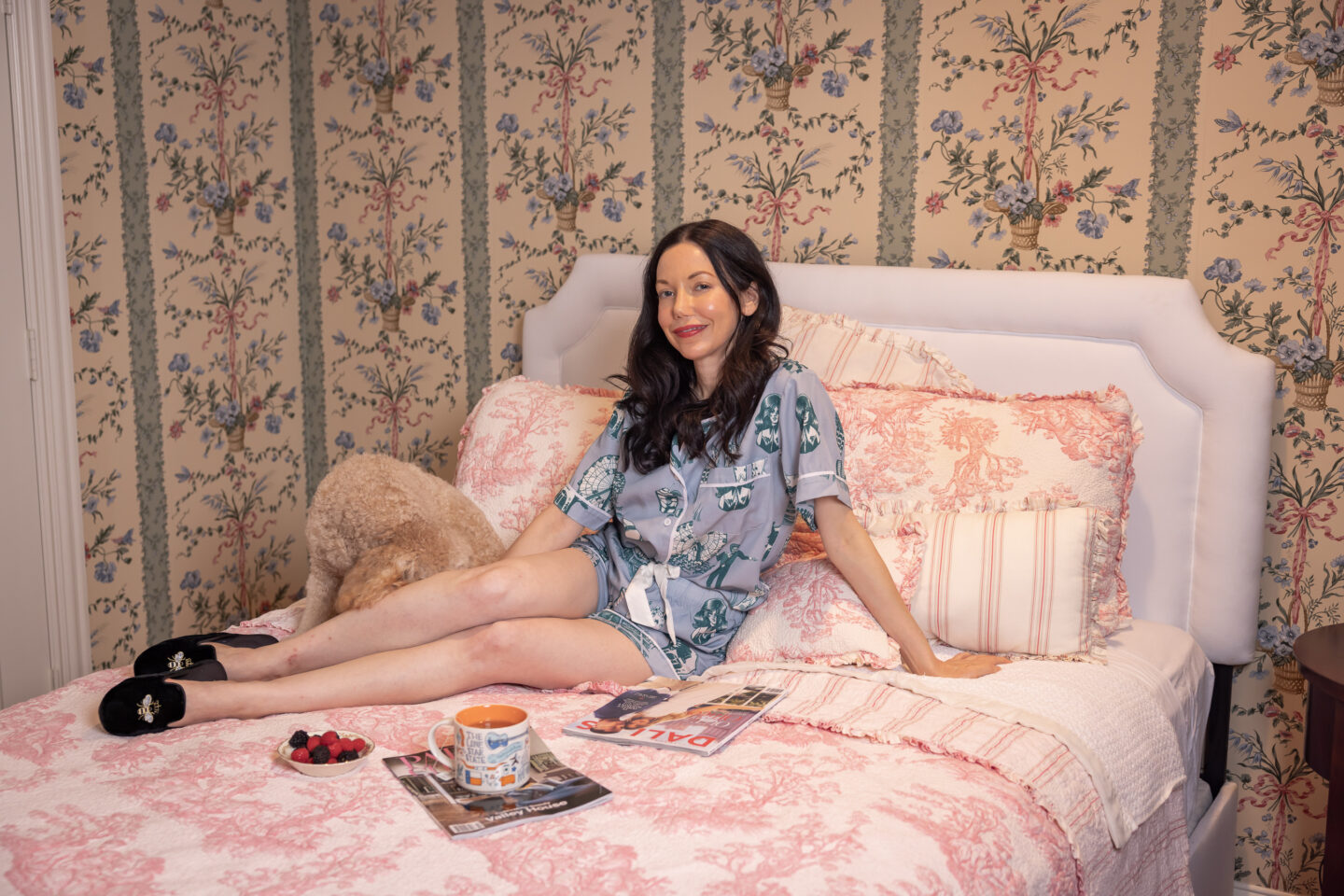 Dallas Lifestyle Blogger, Home Interiors, Guest Bedroom, Traditional Home Decor, Cottage Core, Grandmillennial Style, Floral Wallpaper, LoveShackFancy, Luxury Home, Katie Kime Pajamas, Toile Bedding, Patricia Green Slippers