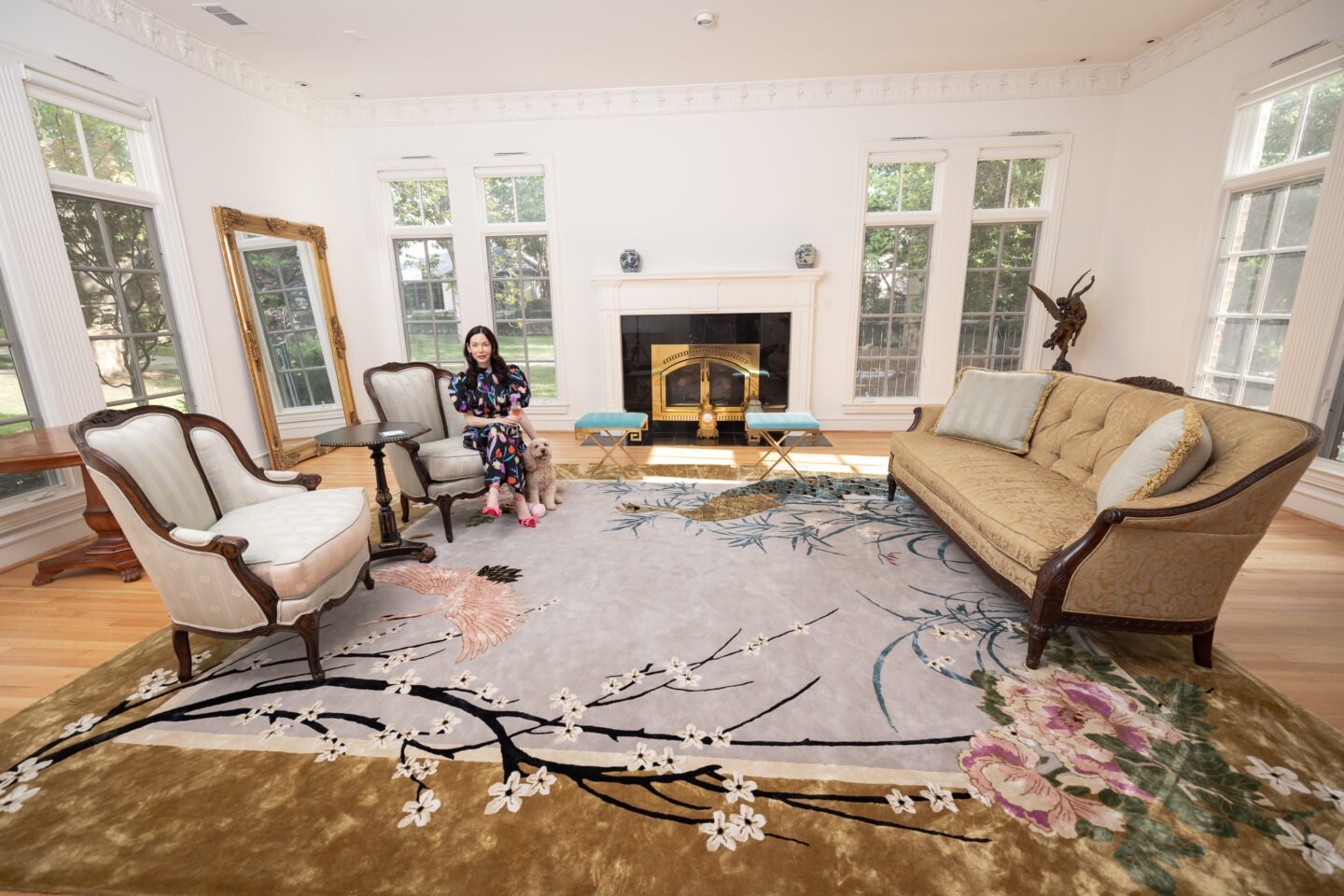 Dallas Lifestyle Blogger, Home Interiors, Traditional Home Decor, Luxury Home, Mini Goldendoodle Puppy, Chinoiserie Rug, Wendy Morrison Design, Hollywood Regency Home, Interior Design, Rotate Birger Christensen Dress