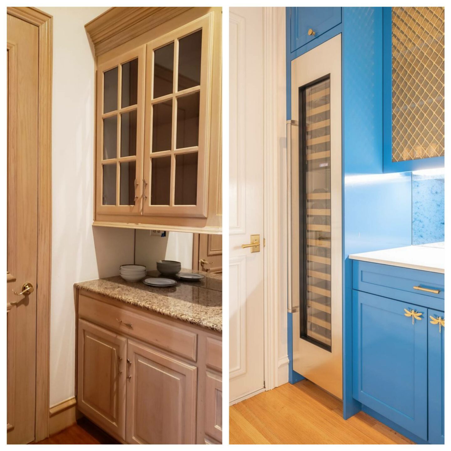 Hollywood Regency, Butler's Pantry, Luxury Home, Benjamin Moore Laguna Blue Paint, Sub-Zero Wine Refrigerator, Antique Mirror, Custom Cabinetry, Before and After Photo