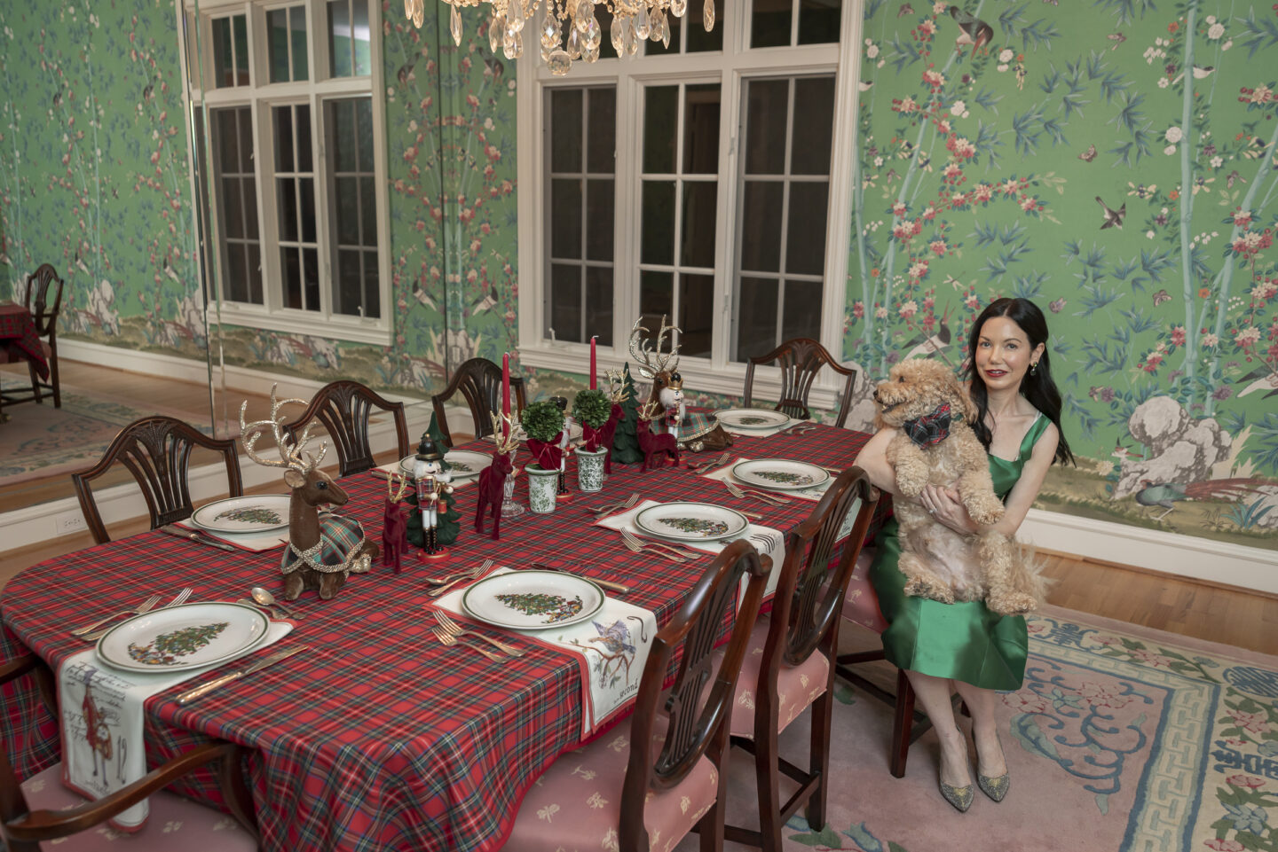 Dallas Lifestyle Blogger, Mrs. Alice Tablescape, Schumacher Brighton Pavilion Wallpaper, Tartan Tablecloth, Spode Christmas Dishes, Holidays at Home, Tara Jarmon Dress, Mini Goldendoodle